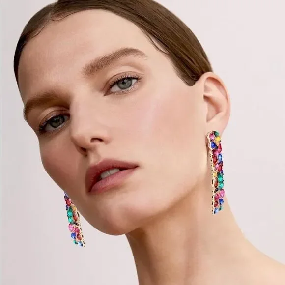 Yellow Gold with Multicolored Crystal Geometric Rectangle Post Back Earrings - Picture 5 of 6